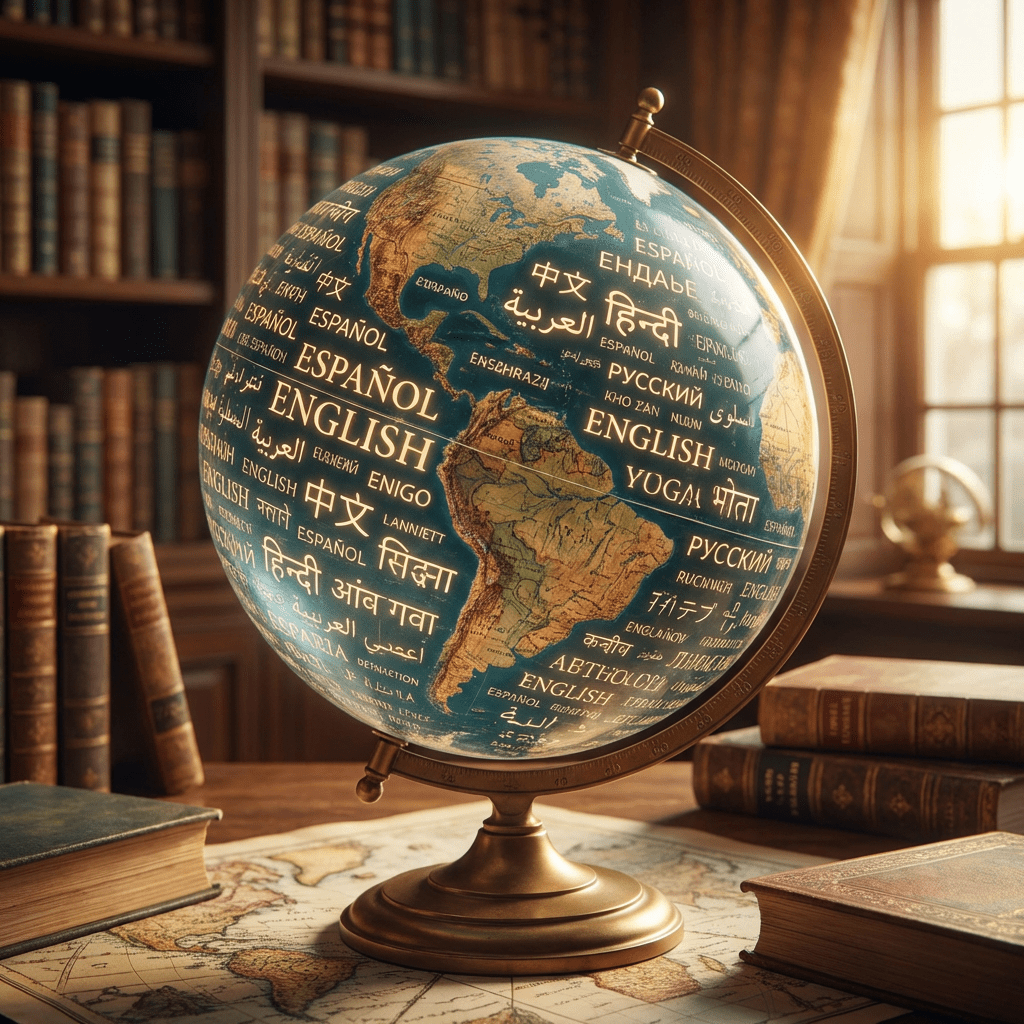 A desktop globe featuring names of various world languages in a library setting.