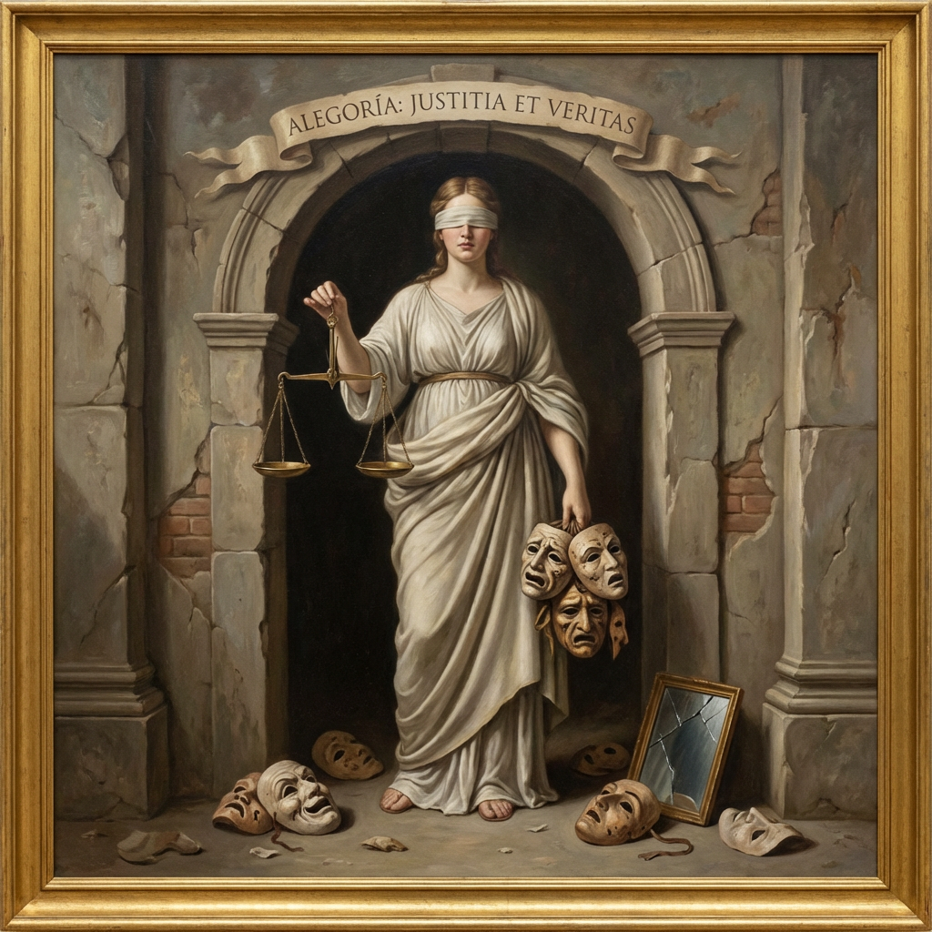 Blindfolded figure holding scales and masks, text reading ALEGORÍA: JUSTITIA ET VERITAS.