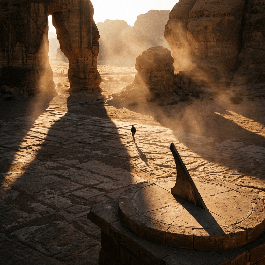 Sunbeams stream through a desert rock arch onto a stone sundial and a lone traveler.