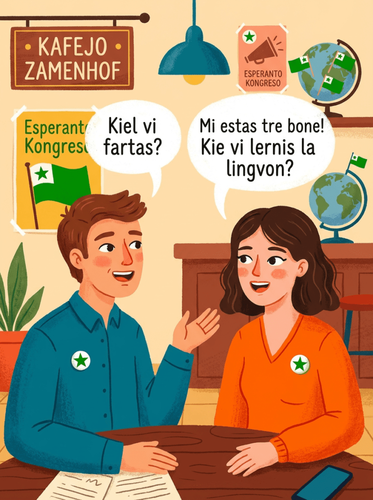 Kafejo Zamenhof: 'Kiel vi fartas?' 'Mi estas tre bone! Kie vi lernis la lingvon?'
