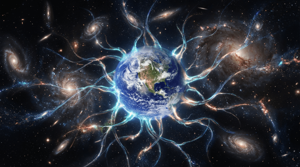 Earth at the center of a cosmic web connecting to multiple spiral galaxies.