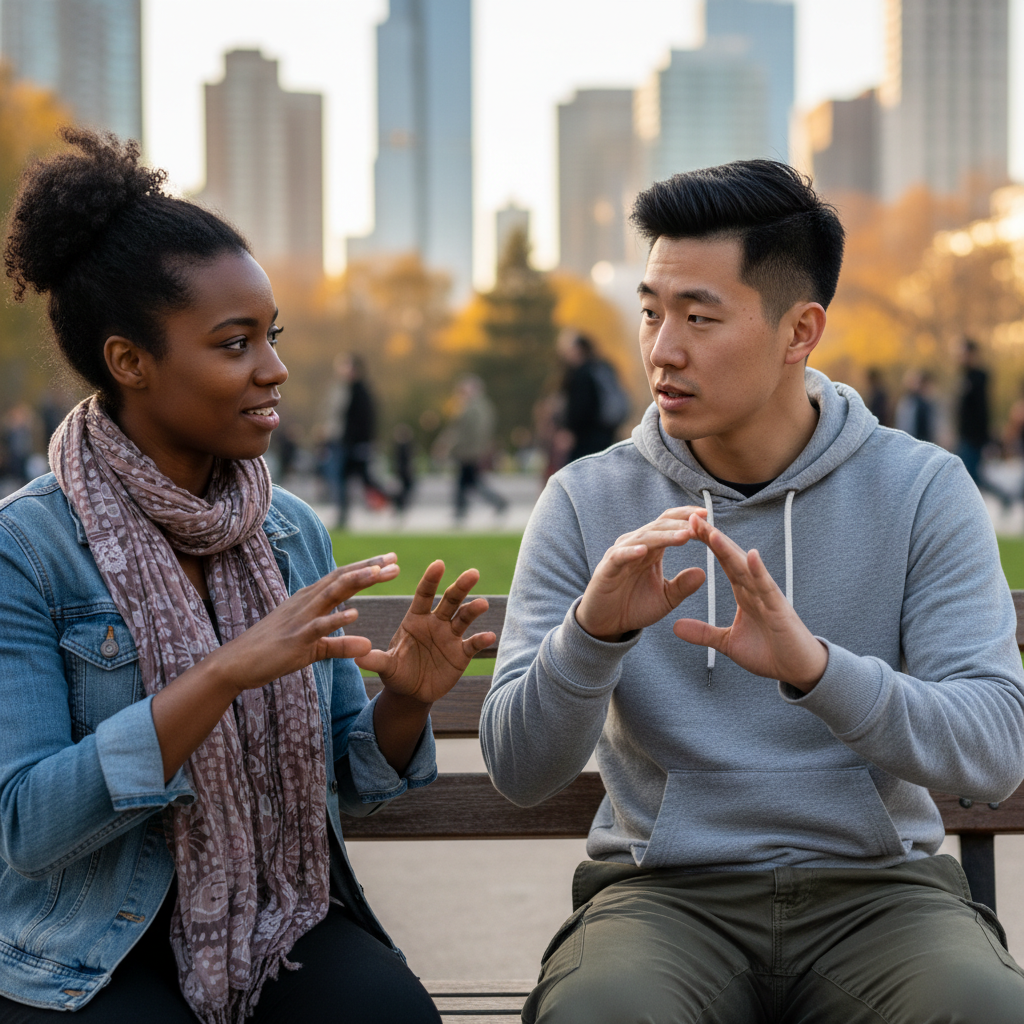 Two people sitting on a park bench using sign language to communicate with each other.